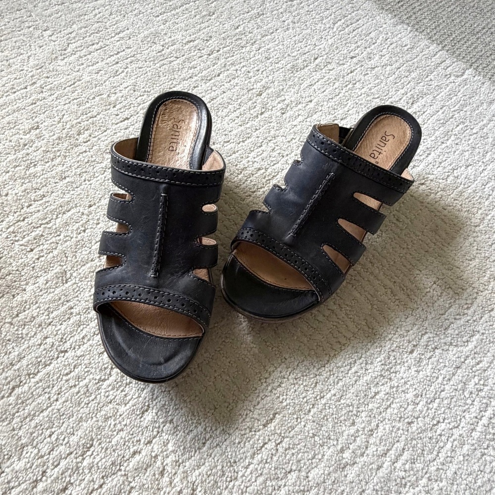 Sanita Black Leather Caged Wedge Slide Sandals Clog Mules Portugal Womens 38